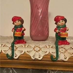 2 Vintage Plastic Christmas drummer boy Stocking Hanger Shelf Sitter Hong Kong